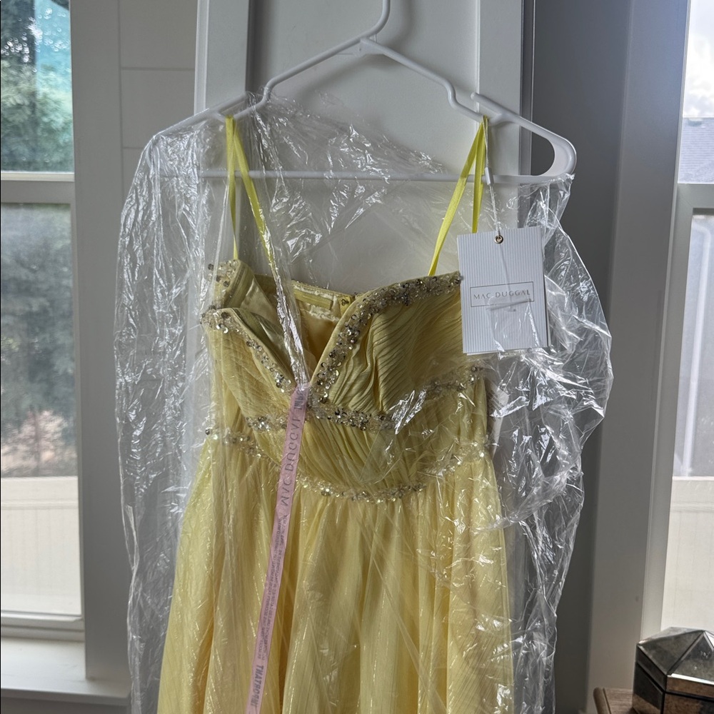 Mac Duggal Lemon Yellow Beaded High Low Chiffon Gown NWT - Picture 5 of 8